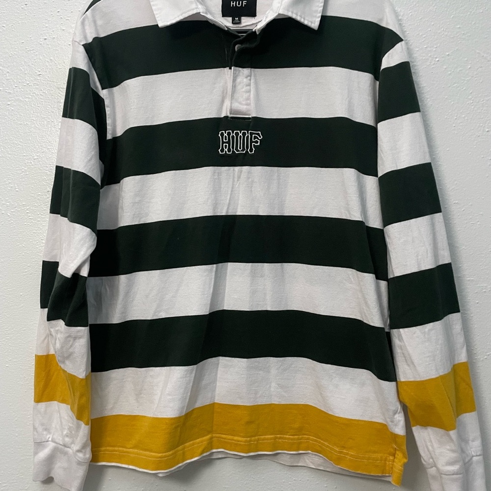 HUF Men's Striped Rugby Shirt - Green, White, and Yellow